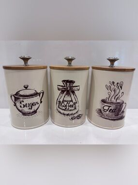 Coffee tea sugar canister set of 3 metal storage jars bamboo lids kitchen decor